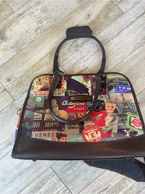 Travel Collage Tote Bag in Multi-Color with Dark Brown Trim